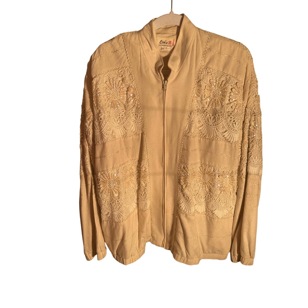 Lims Vintage Silk Lace Sequin Bomber boho Jacket Cream Beige Floral Embroider 2X